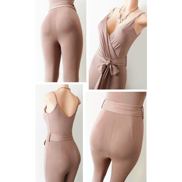 Mocha Taupe Surplice V Neck Sexy Bodycon Jumpsuit - Picture 6 of 8